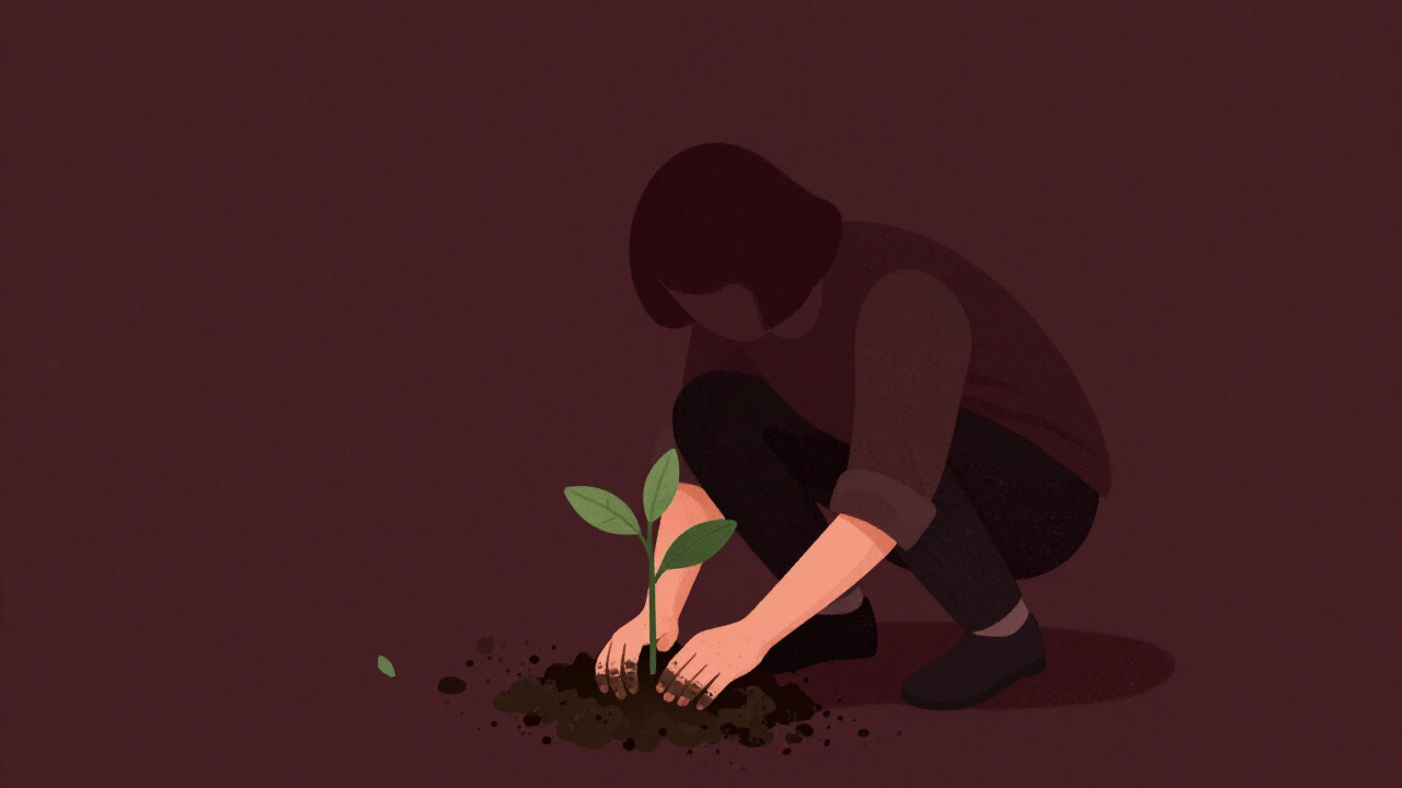Silhouette of a person crouching in a small garden, planting a sapling with muddy hands