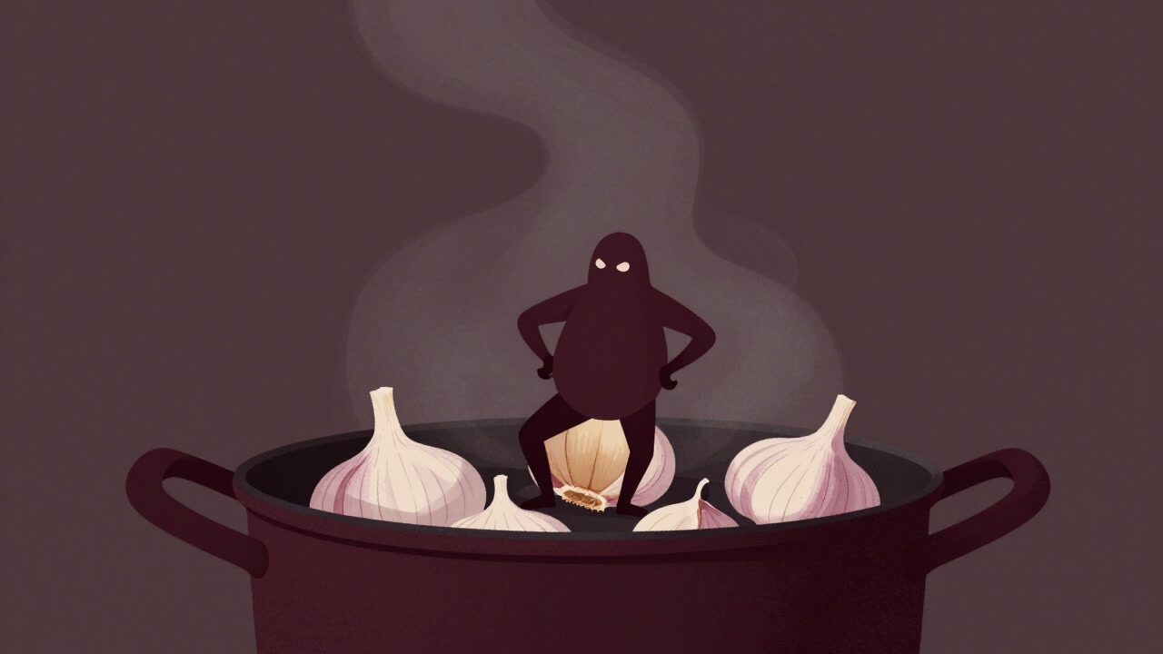 鍋の中で湯気と共に自己主張を始めるにんにくのクローズアップ画像