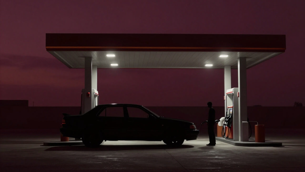 夕暮れ時、灯りだけが頼りのスタンドで給油する車と人のシルエット