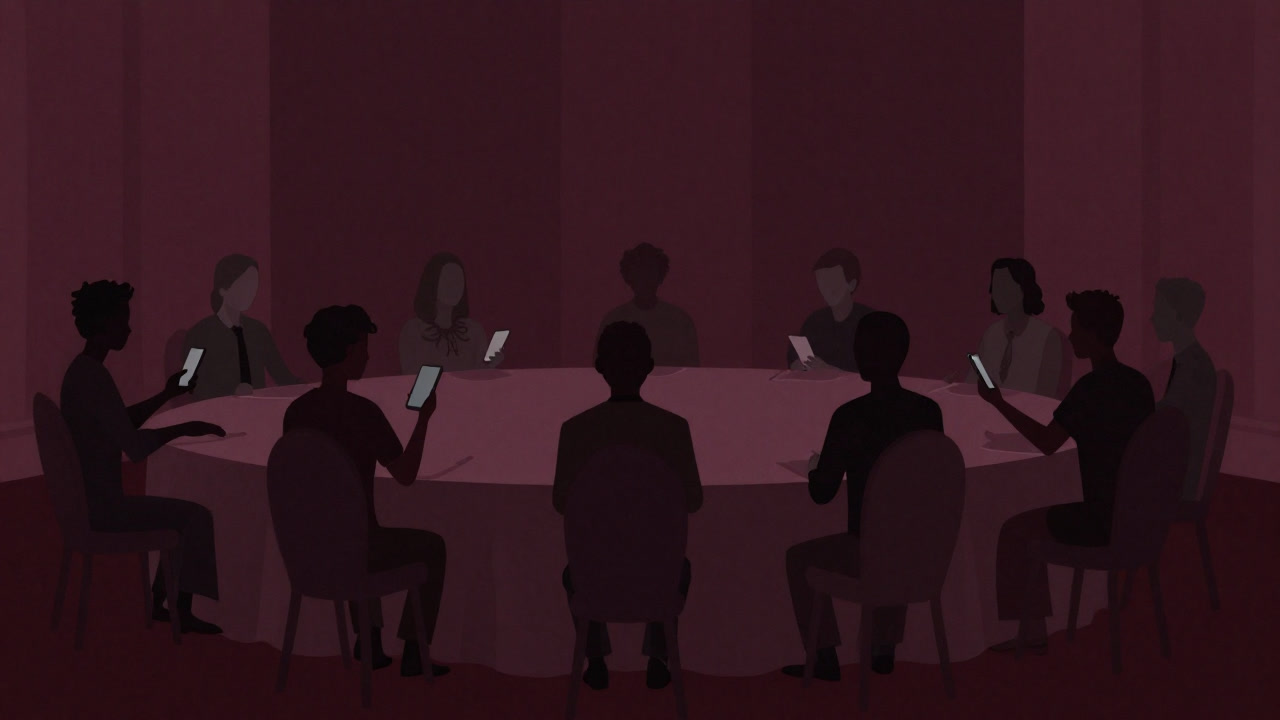 Silhouettes of people gathered around a table in a grand hall, staring blankly at their smartphones