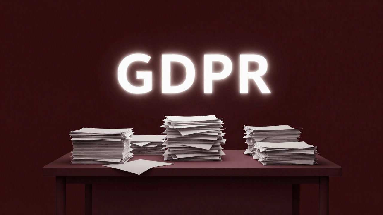 A desk buried under mountains of paperwork, with 'GDPR' ominously glowing above it.