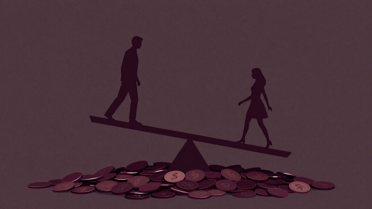 貨幣の山を前に、天秤に座った男女のシルエットが不釣り合いに傾いているイラスト