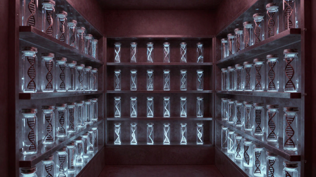 Interior of a freezer with neatly arranged frozen DNA sample tubes.