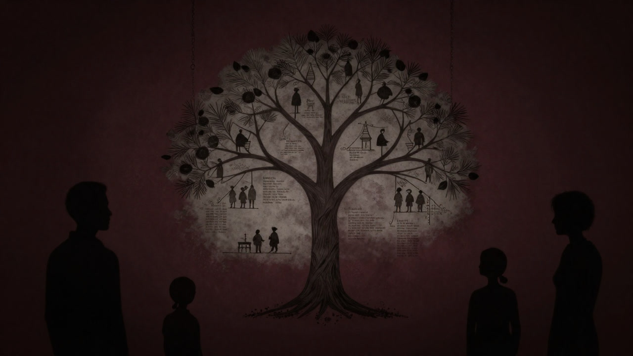 埃をかぶった古い家系図が壁にかかり、無言で見つめ返す先祖たちの影絵