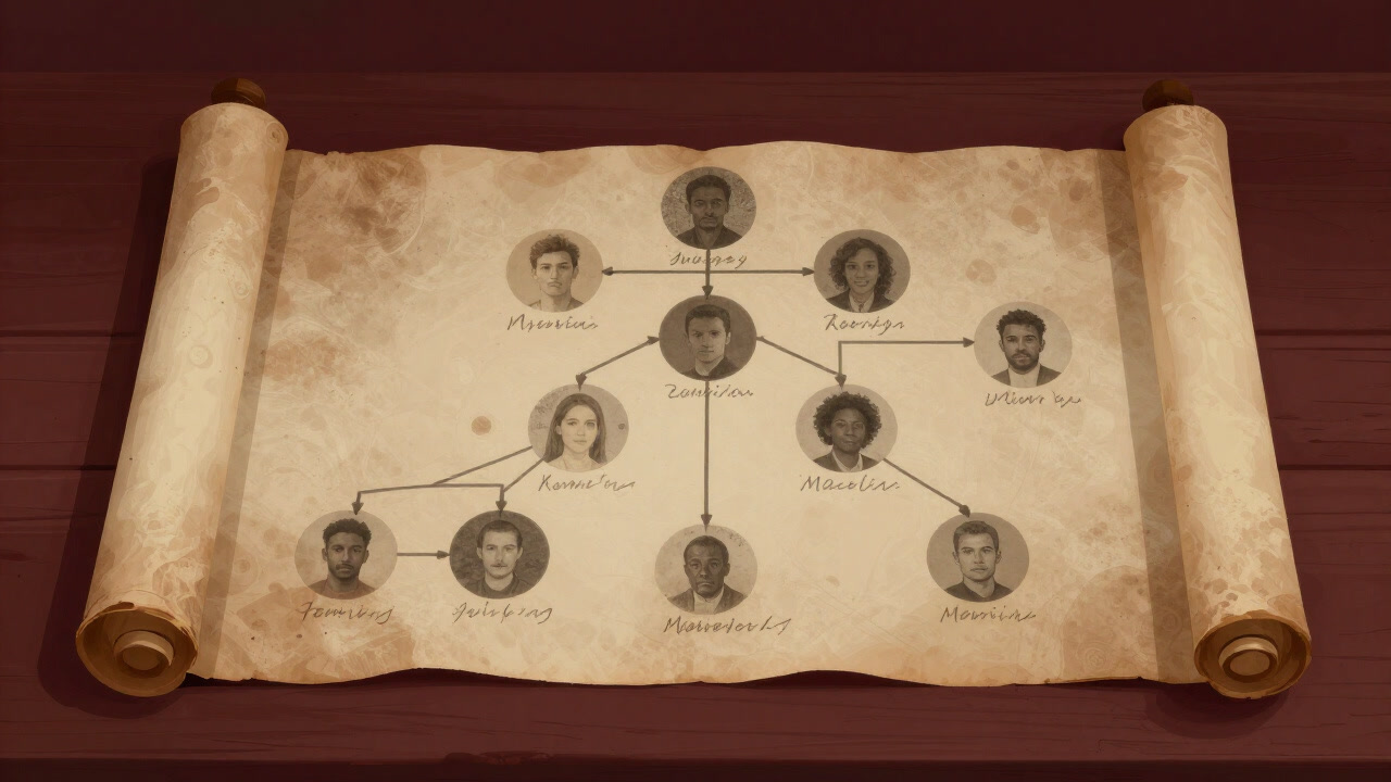 古い羊皮紙に描かれた無数の枝分かれする家系図がテーブルに広がり、周囲には埃をかぶった歴史の香りが漂う。