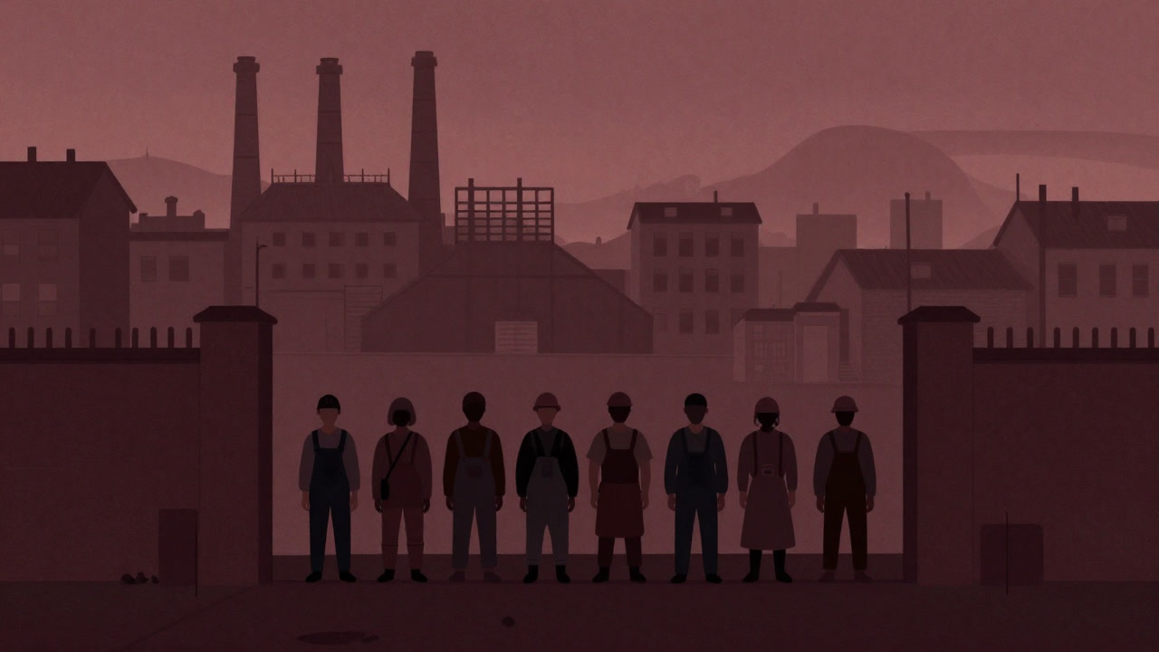 Silhouetted workers lined up at a factory gate with a quiet town visible in the background, symbolizing a general strike