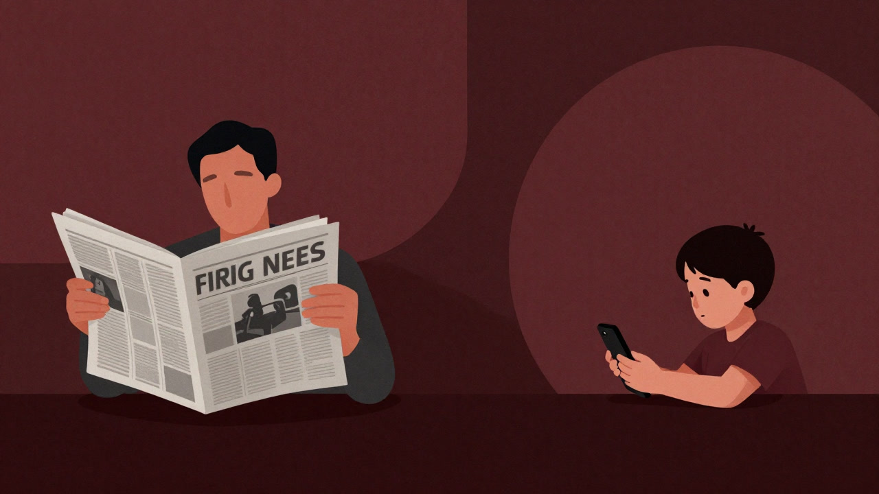 Illustration of parent and child each staring at a smartphone and a newspaper, as if separated by a cultural wall