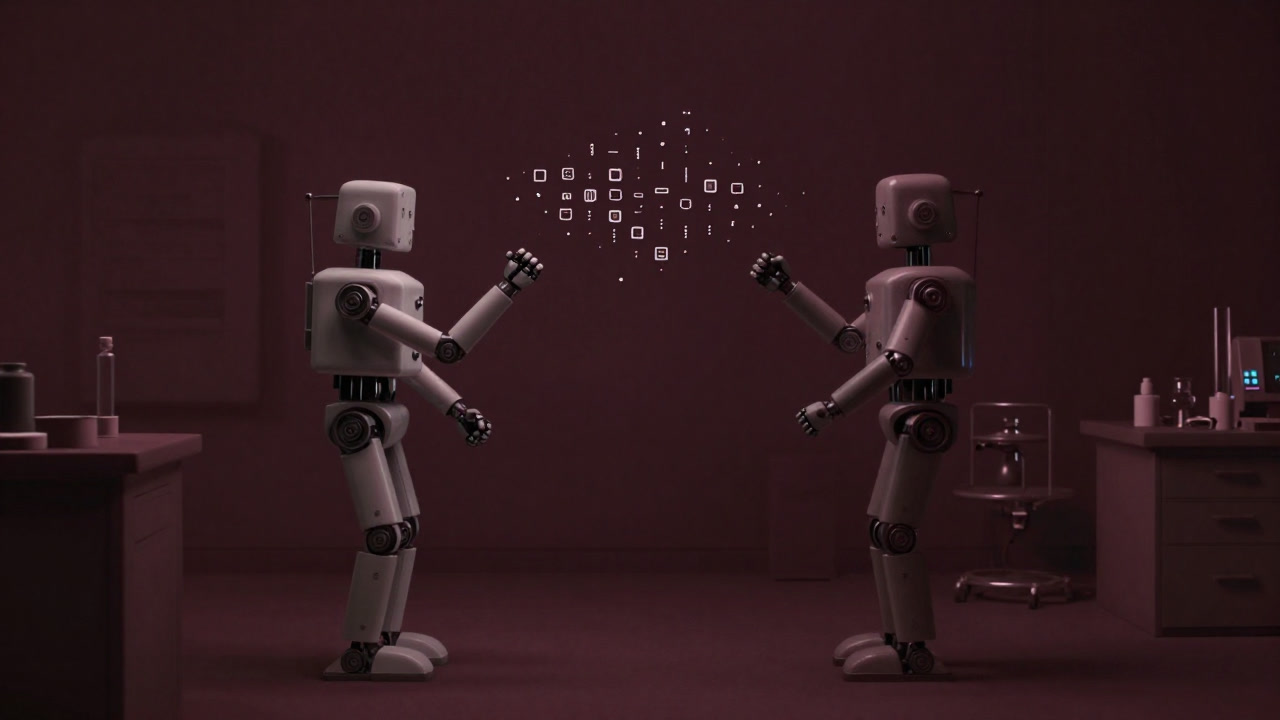 Two humanoid robots standing face to face with fists raised in a dark lab, data points flying around them.