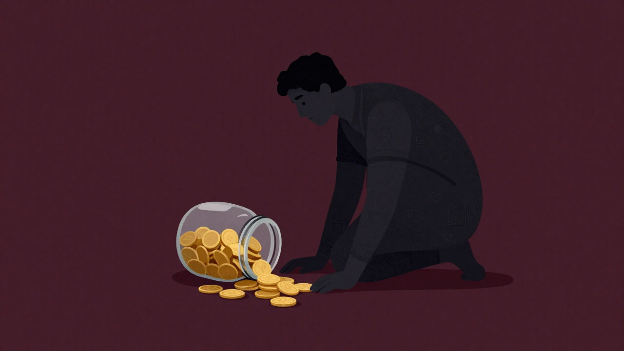 夕暮れに壺からこぼれ落ちる金貨を見つめる古風な人物のイラスト