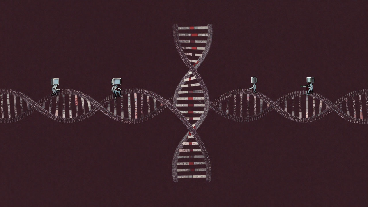 Illustration of a DNA helix made of code lines, with small program agents repeatedly performing selection and mutation around it