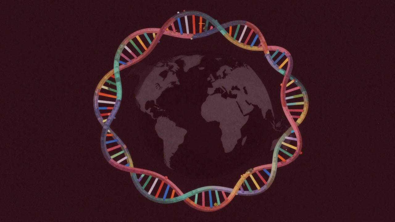 色とりどりのDNA二重らせんが絡み合い、生態系を象徴するように背景が地球のシルエットになっている画像