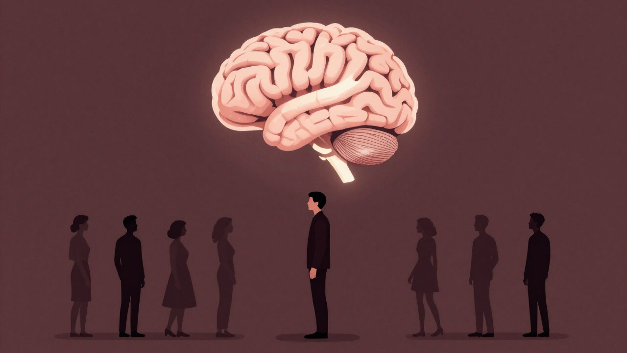 Silhouette of a person floating above others with a giant glowing brain