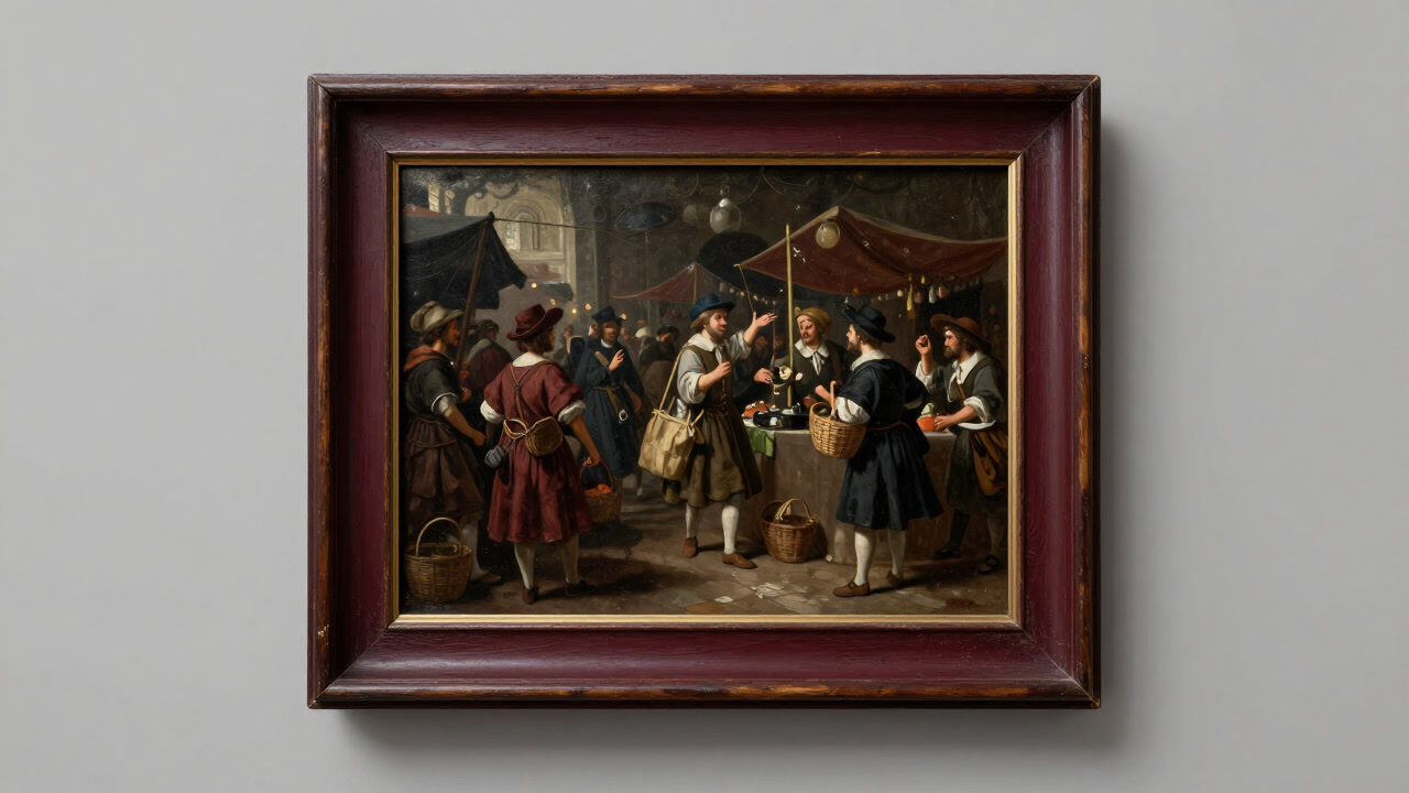 An aged wooden-framed painting depicting a bustling market scene with shoppers in various poses