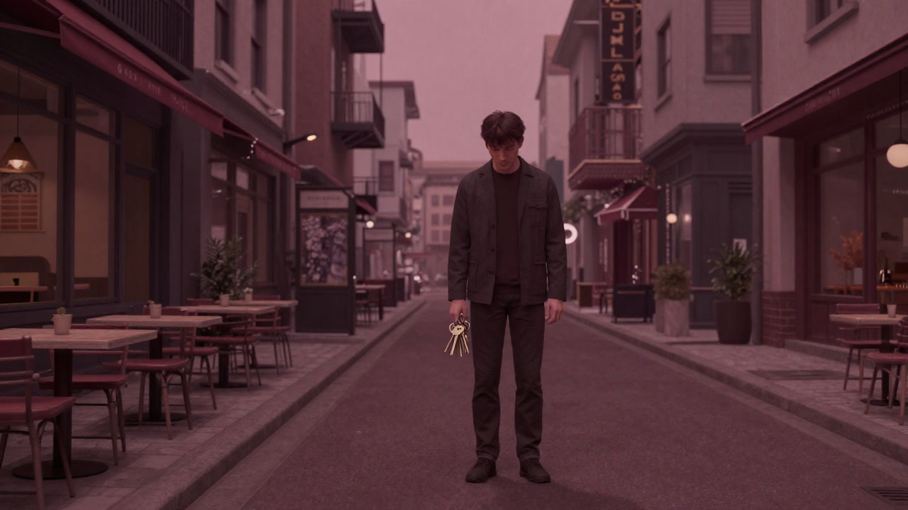 Silhouette of a former resident clutching a worn key ring, staring at a renovated street lined with chain cafes.