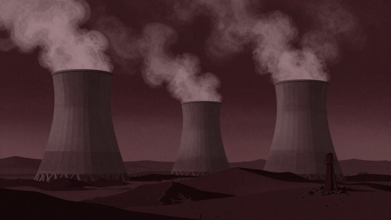 A desolate landscape with giant cooling towers spewing steam, emitting silent authority at a geothermal power plant
