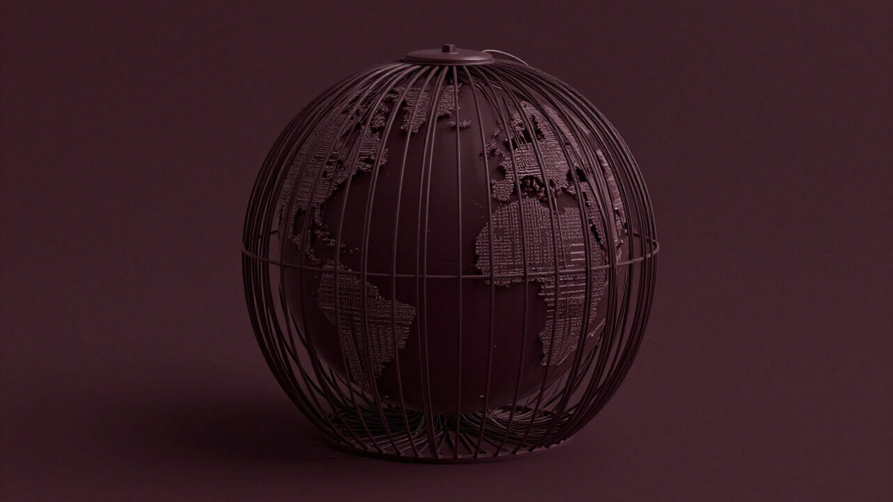 An abstract visual of countless codes and cables intertwining in darkness, symbolizing an invisible cage encircling the world.