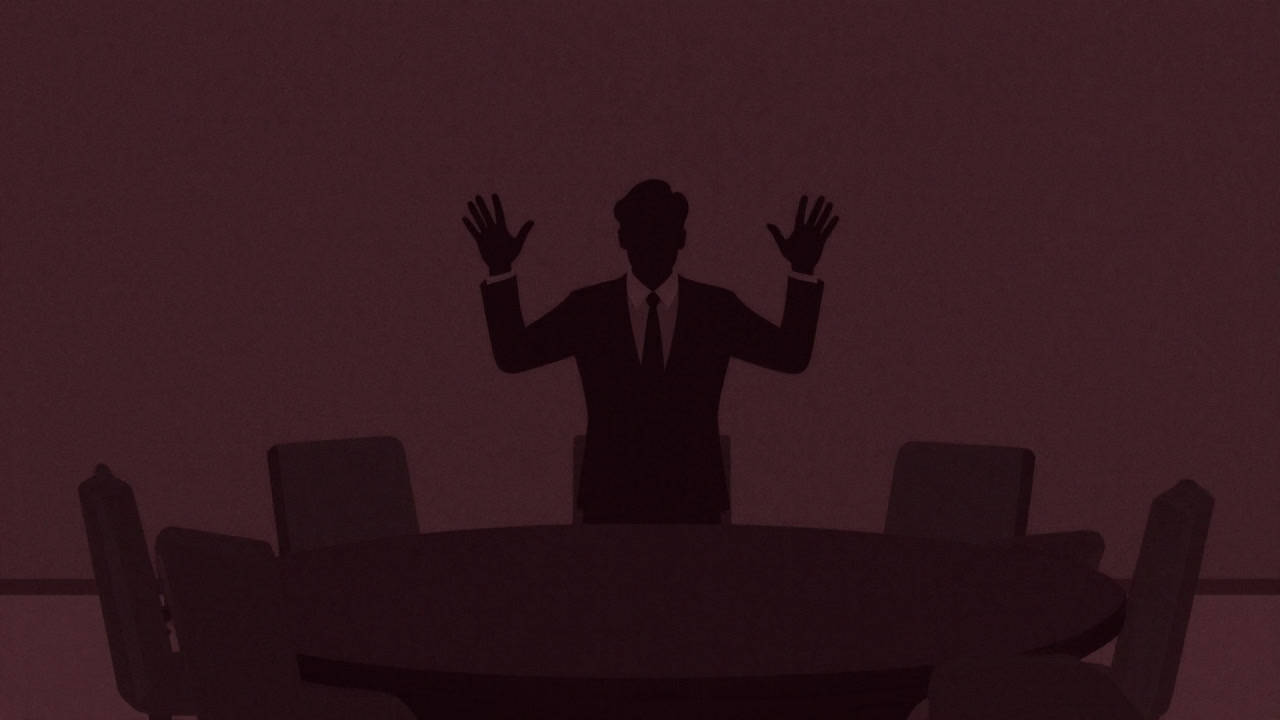 Silhouette of a businessman in a dim meeting room waving his hands excessively