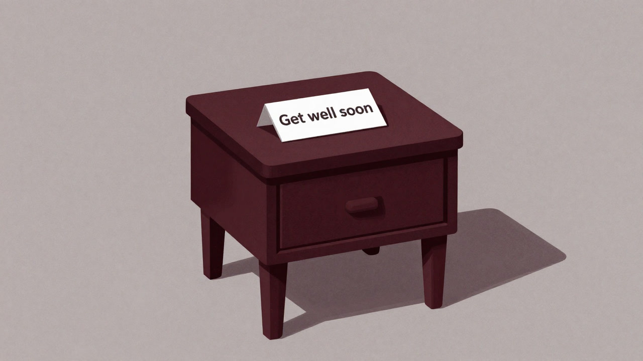 ベッドサイドに置かれたカードに『お大事に』と書かれた文字が影を落とす画像