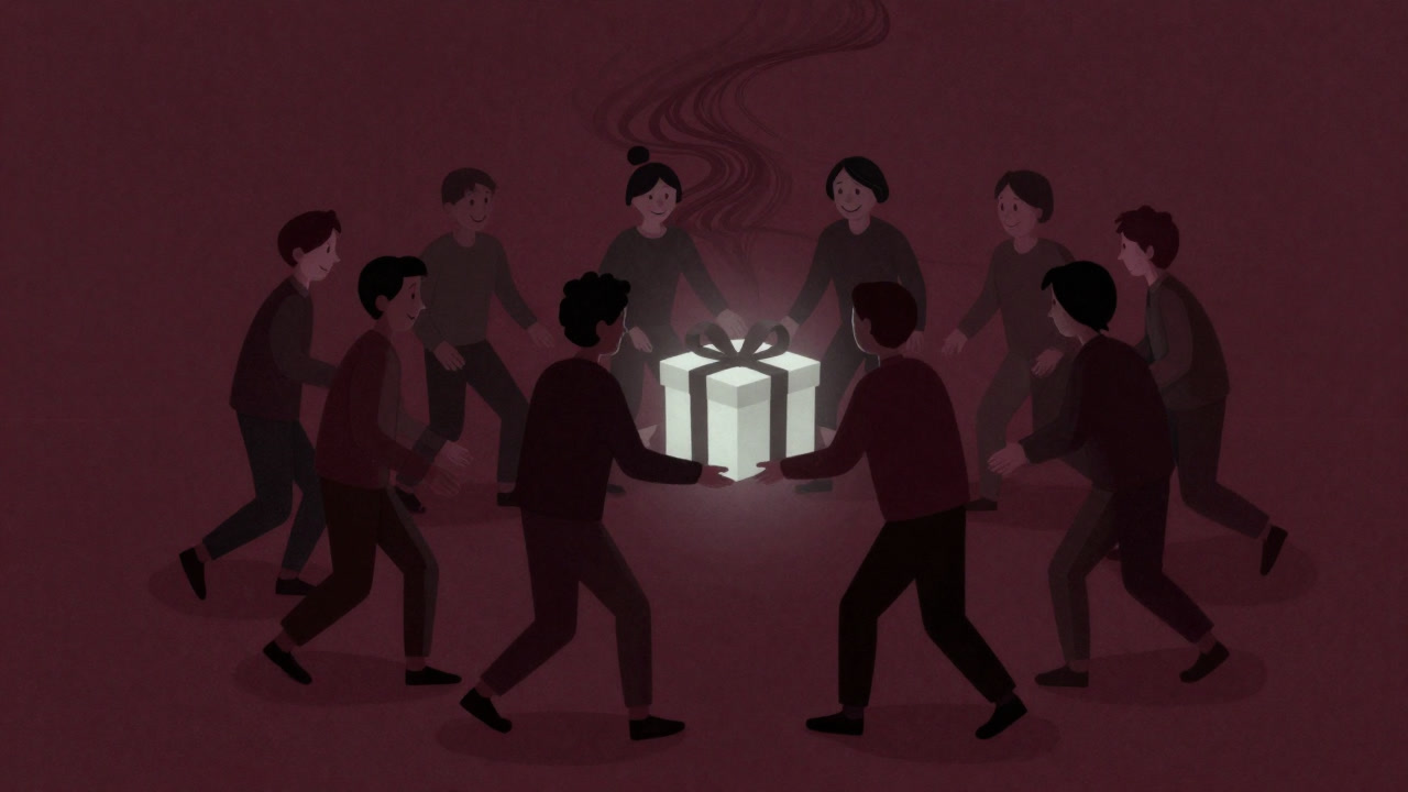 People passing a large box with forced smiles, while an aura of peer pressure swirls behind them.