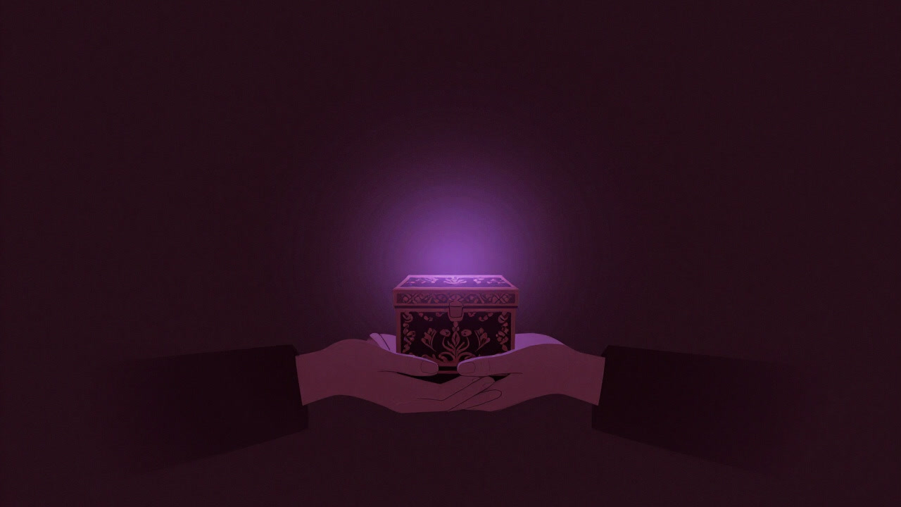 手に抱えられた小さな箱から紫色の光が漏れ、周囲には神秘的な雰囲気が漂っているイメージ
