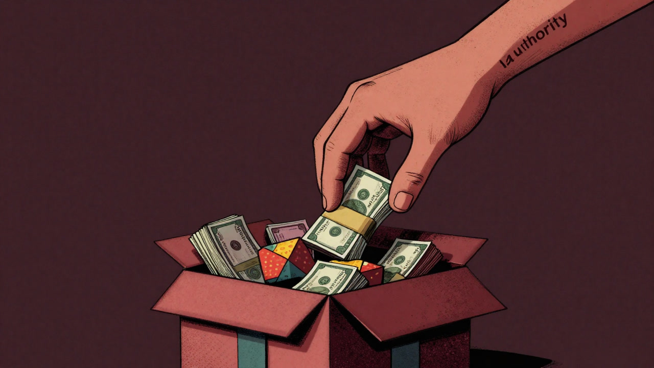 大きな国の手がプレゼントの箱から紙幣を取り出す風刺画