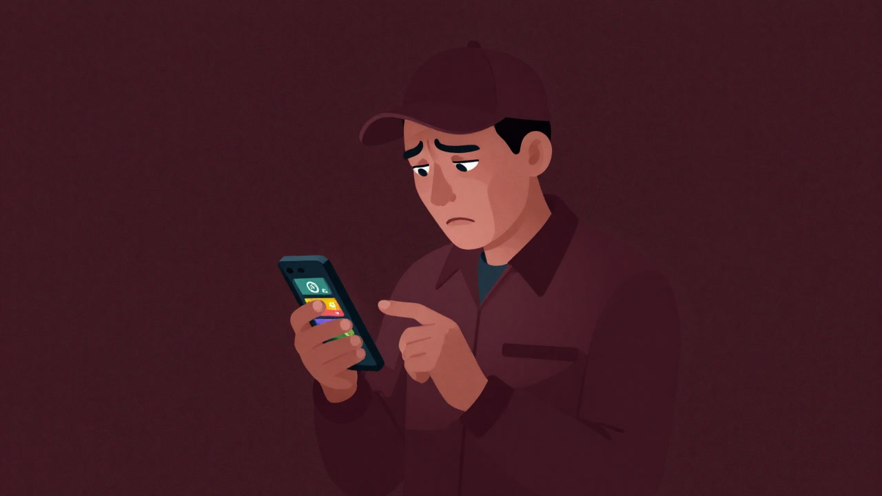 Illustration of a worker turning pale while looking at a smartphone screen filled with numerous gig job listings