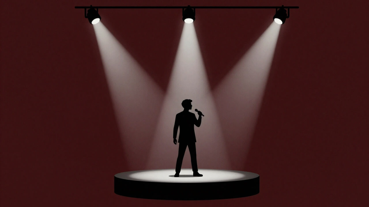 Silhouette of a gig performer holding a microphone under spotlights on a stage