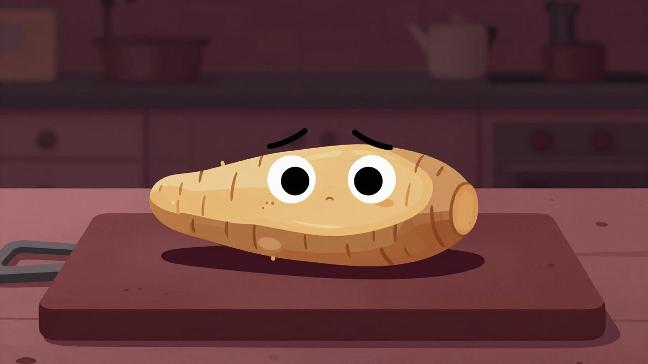 A piece of ginger on a cutting board, peeled and staring at you.