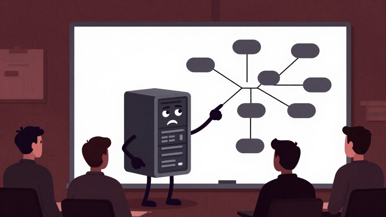 Image of a Git repository surrounded by developers, cowering at a complex branching diagram.