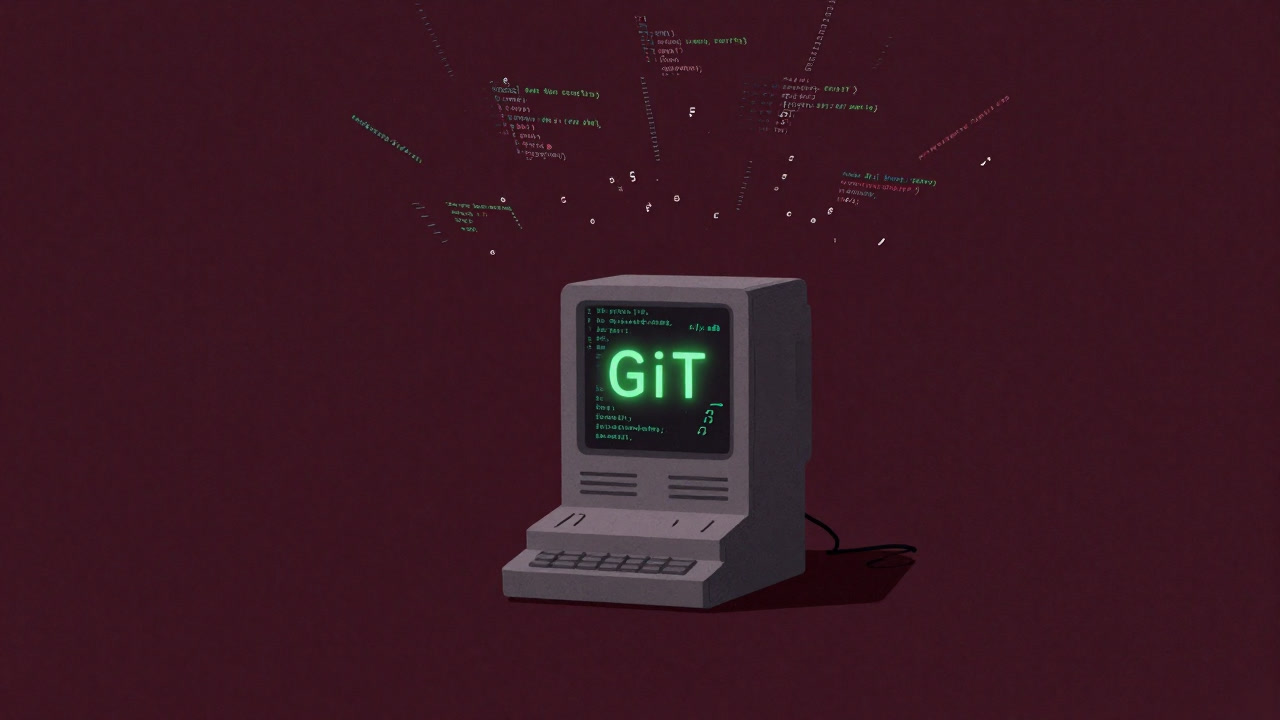 An anthropomorphic terminal representing Git standing amid a storm of scattered code, staring back with an expression of chaos.