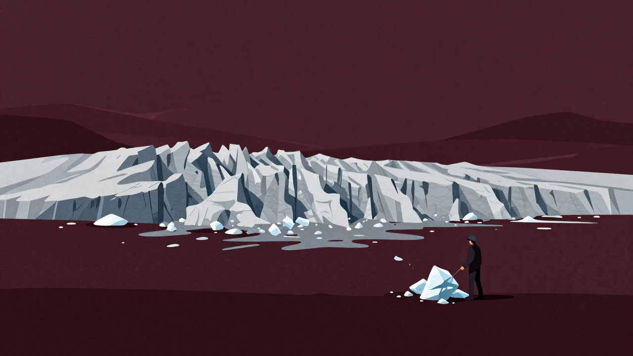 溶けかけの氷河の前に立ち尽くし、手に瓦礫のような氷塊を抱える人影の画像