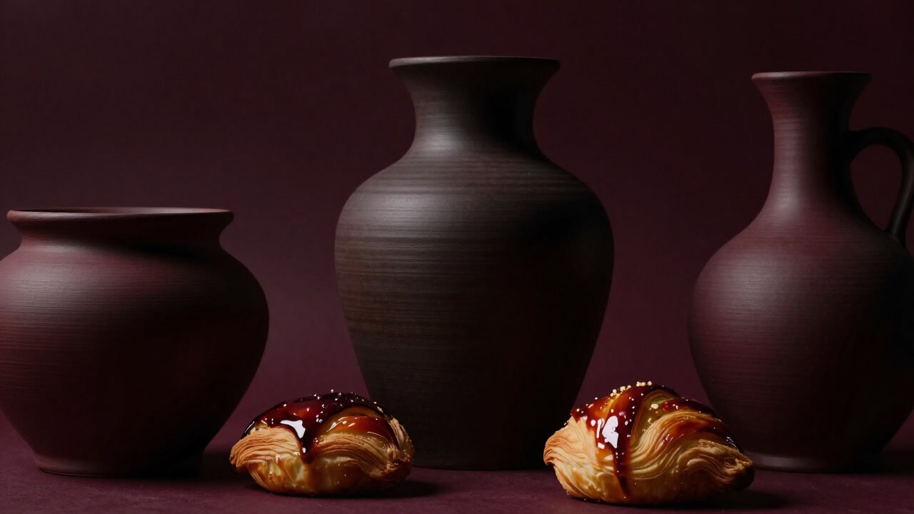 A close-up of glaze on pottery and cakes gleaming eerily under light.