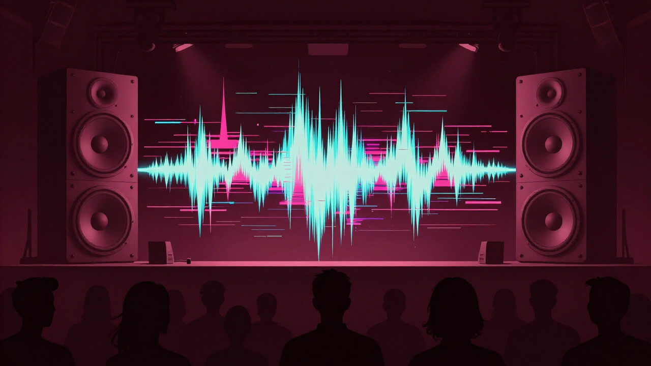 カラフルな波形が乱れ飛び、ノイズとビートが交錯するステージ上のスピーカーのシルエット