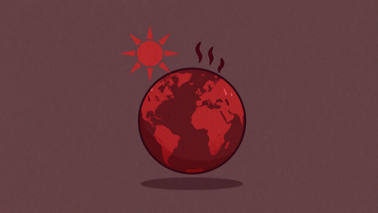 Illustration of a perspiring globe, heated red, against a backdrop of a scorching sun.