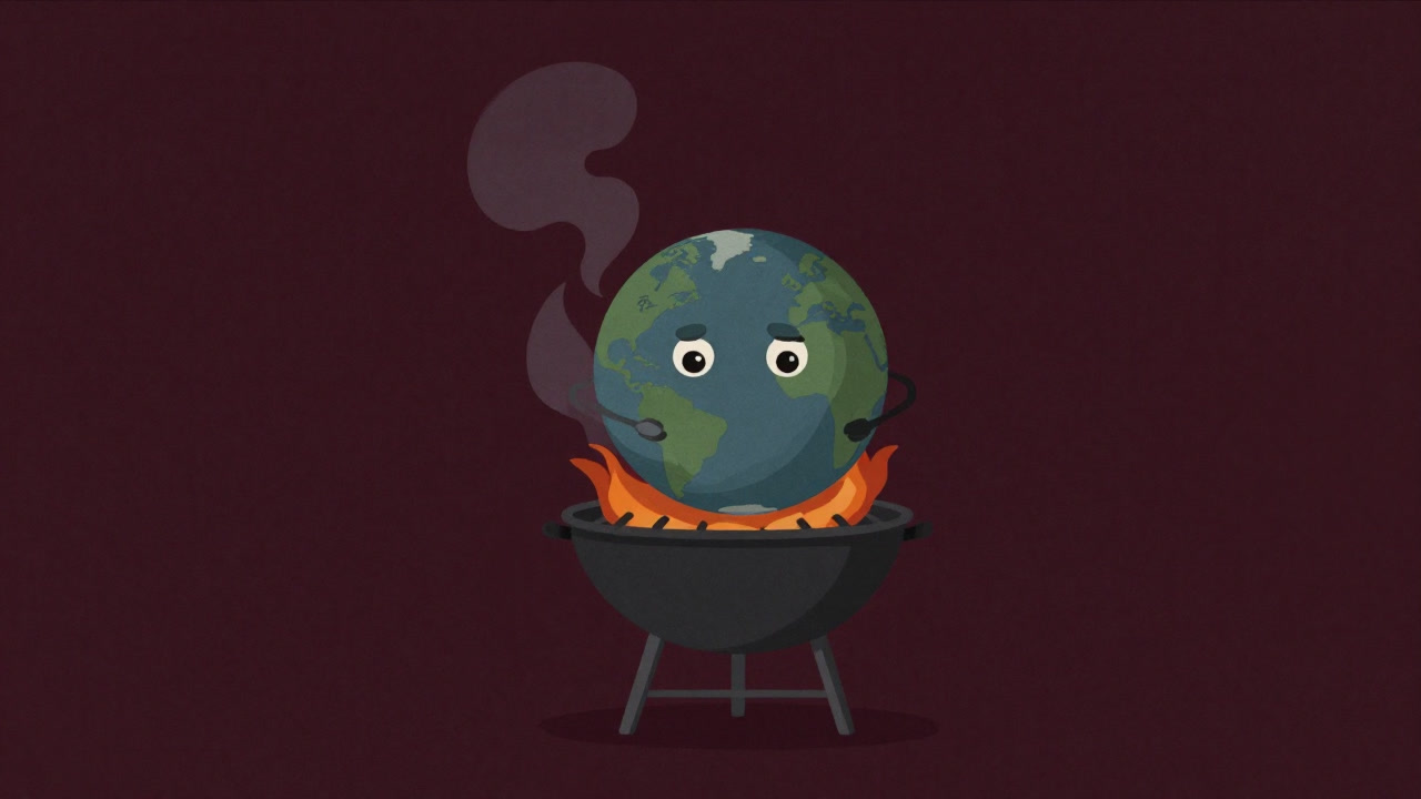 灼熱の地球がバーベキューグリルのように焼かれているイラスト