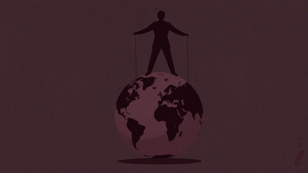 Silhouette of a multinational corporation puppeteering a globe from above