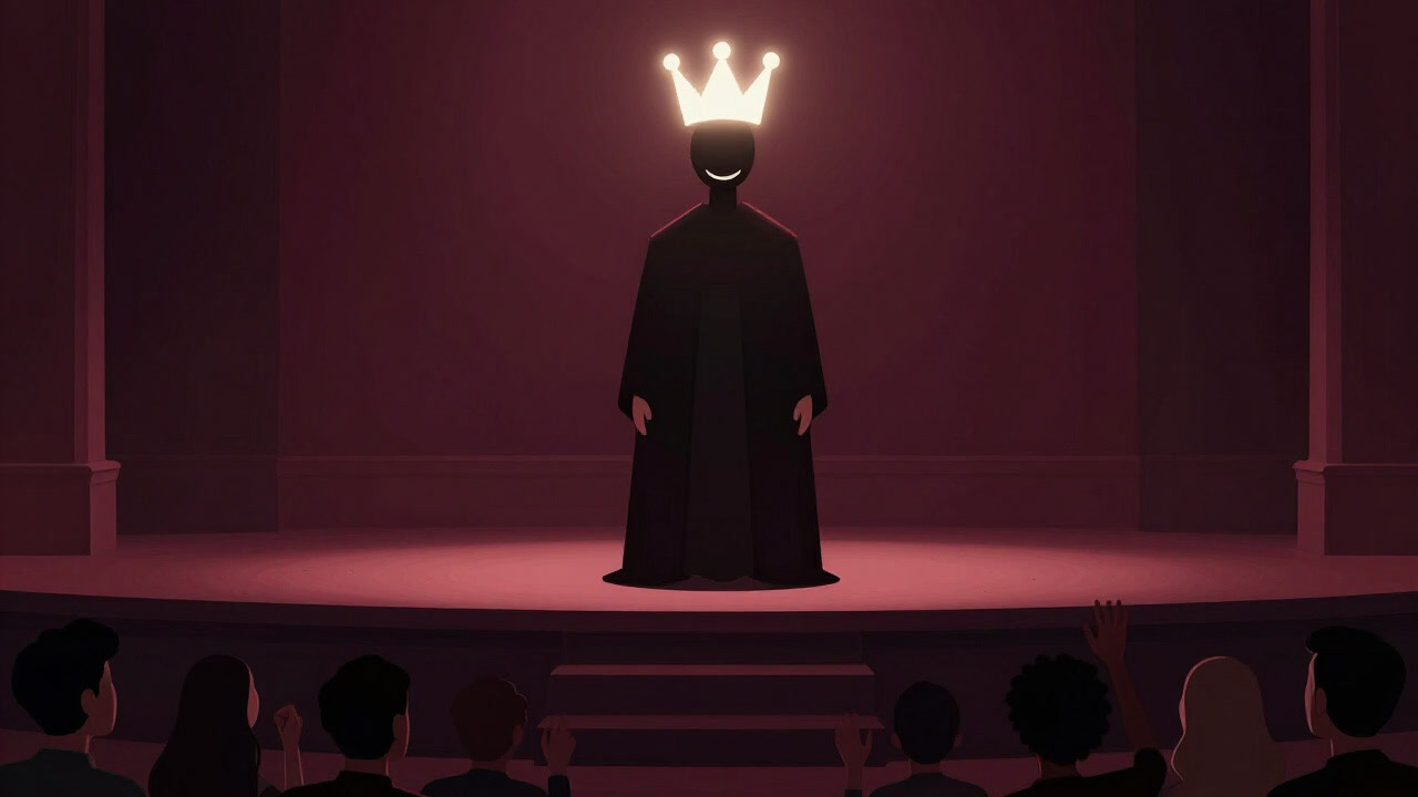 ステージの上で虚飾の冠を被り、歓声の中で空虚な笑顔を浮かべる人物のイラスト