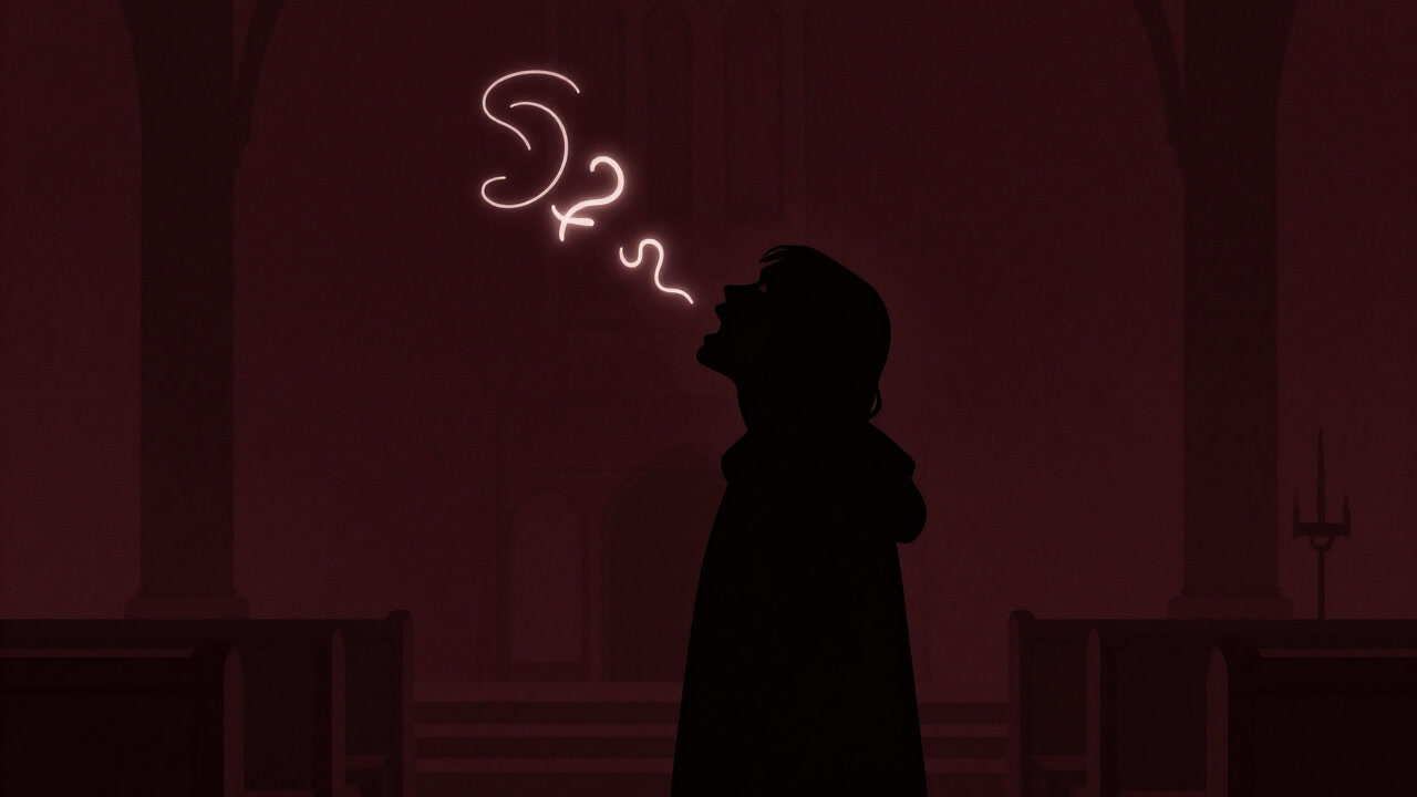 儀式の中で意味不明な音節を口にし、空気だけを震わせる参拝者のシルエット