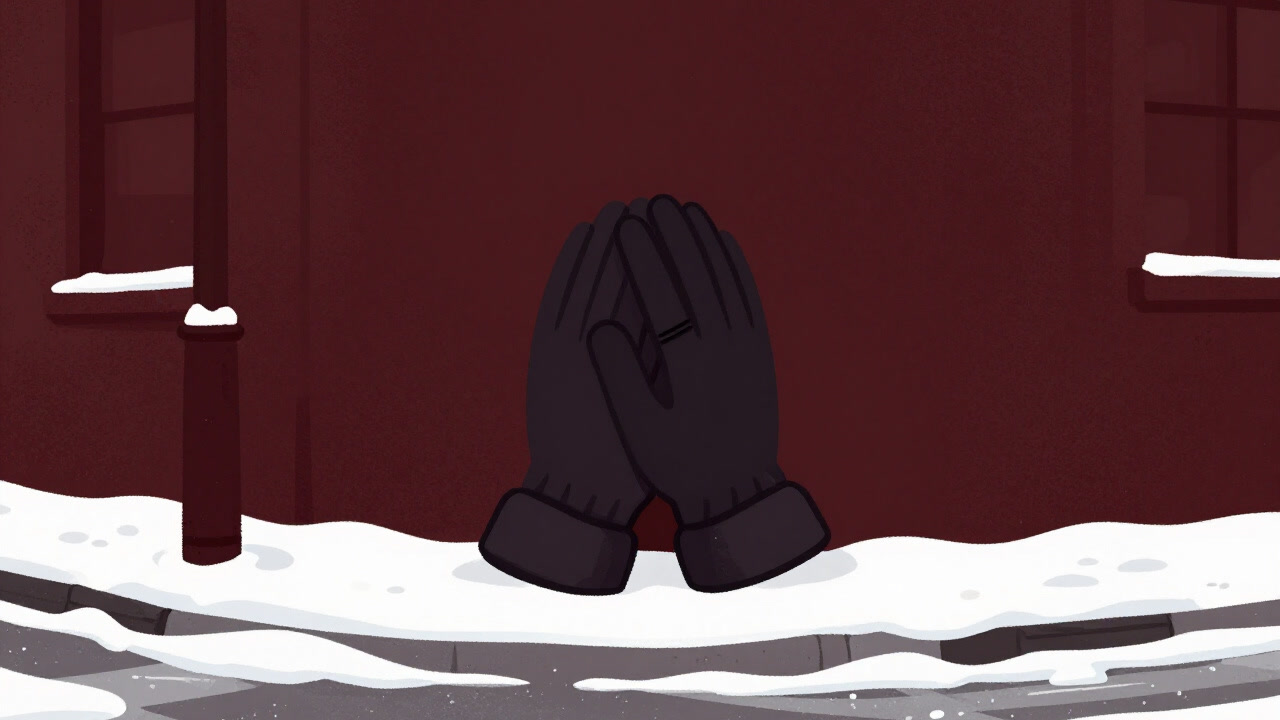 An illustration of weary gloved hands joined together on a snowy city corner