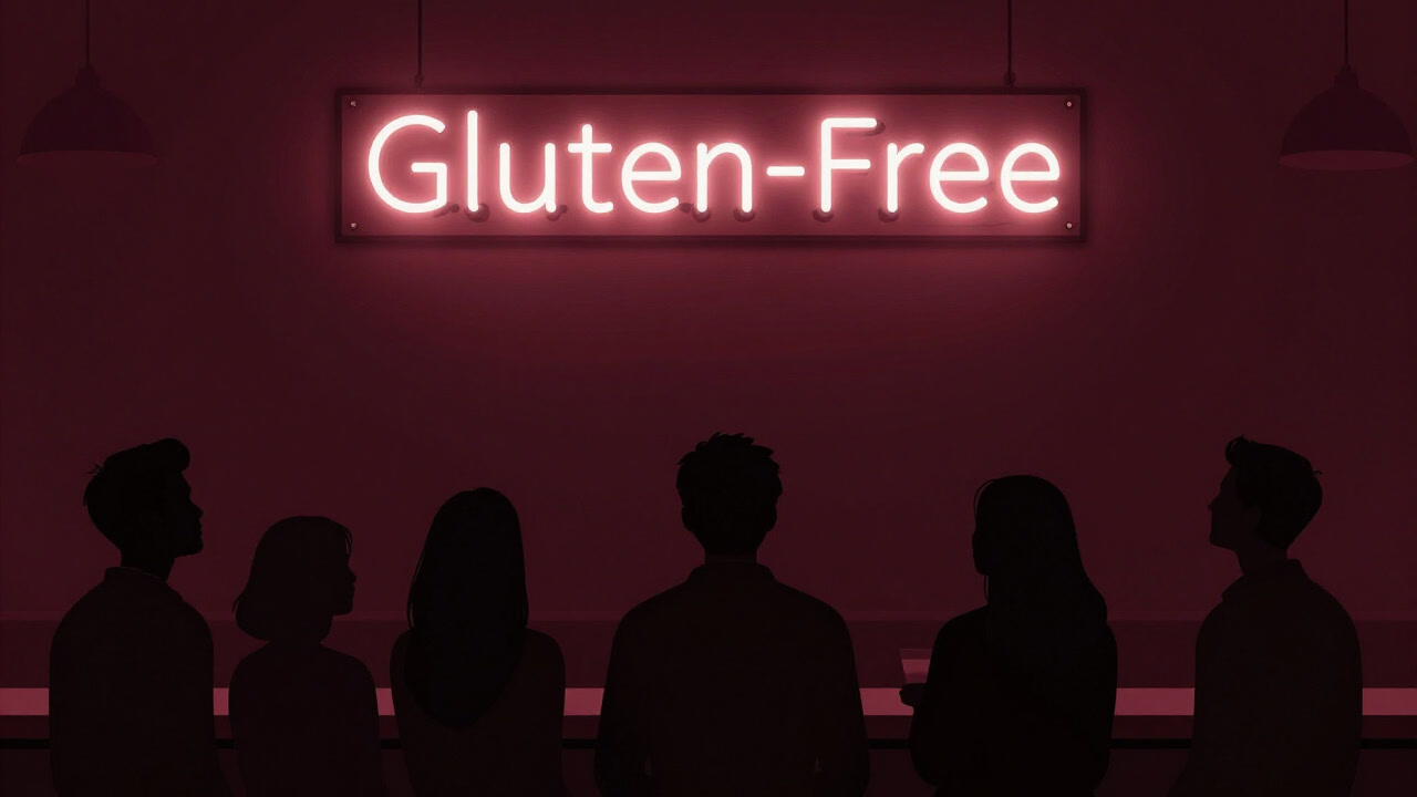 グルテンフリーの文字が光るカフェの看板を見上げる人々のシルエット
