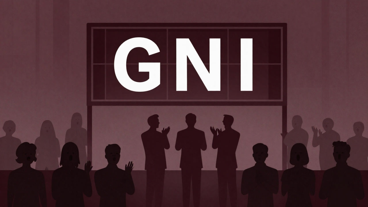 A giant scoreboard labeled GNI in the background with silhouettes of applauding politicians and hollow-faced citizens in the foreground.
