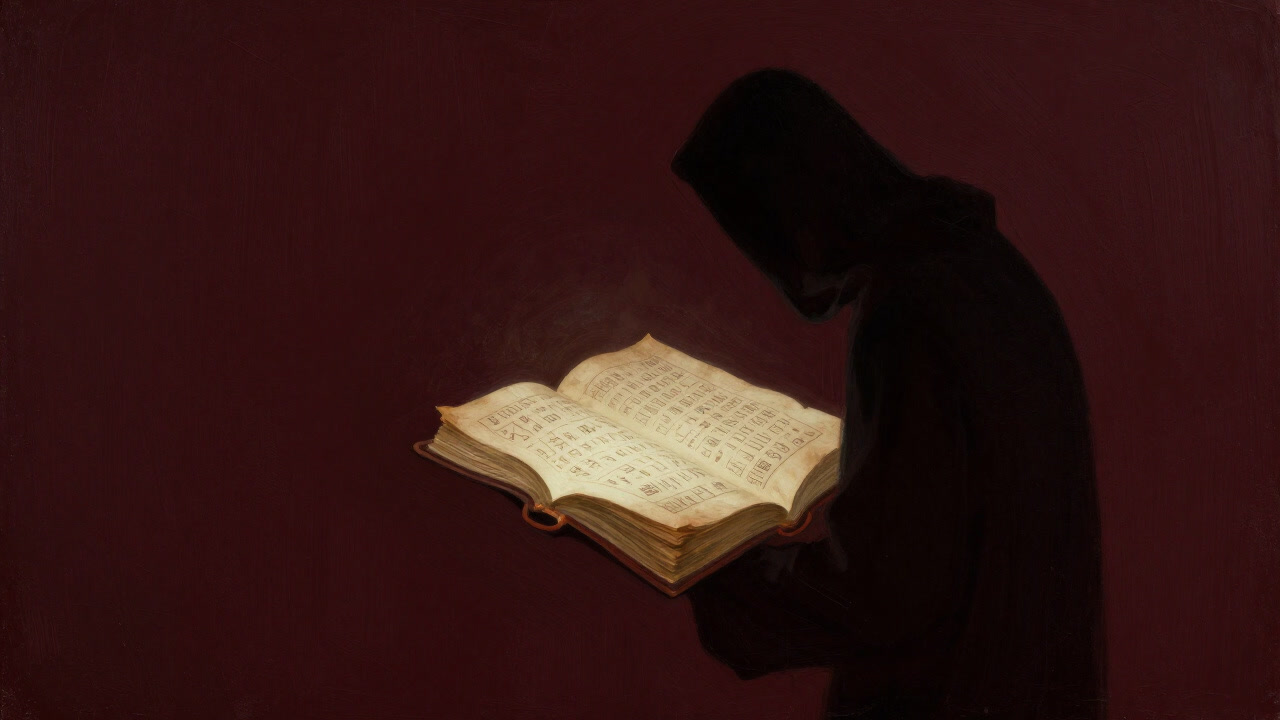 古代の秘密が詰まっているかのように輝く古びた写本と、それを覗き込む人影。