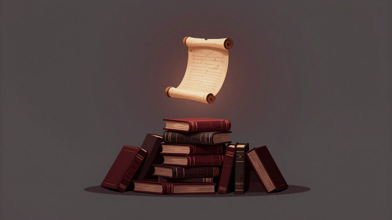 暗い祭壇のように積み上げられた古書の山の上に、謎めいた光を放つ巻物が浮かぶイラスト