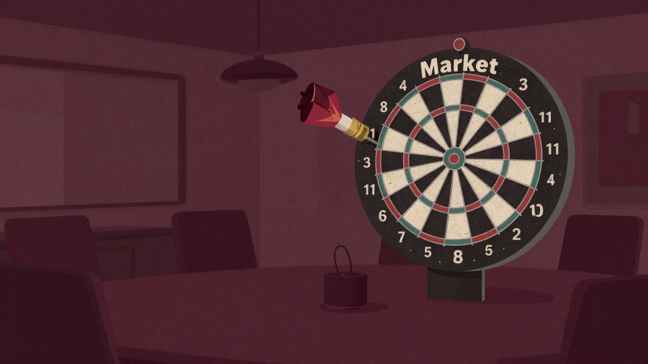 Illustration of throwing a product-icon dart at a dartboard representing the market