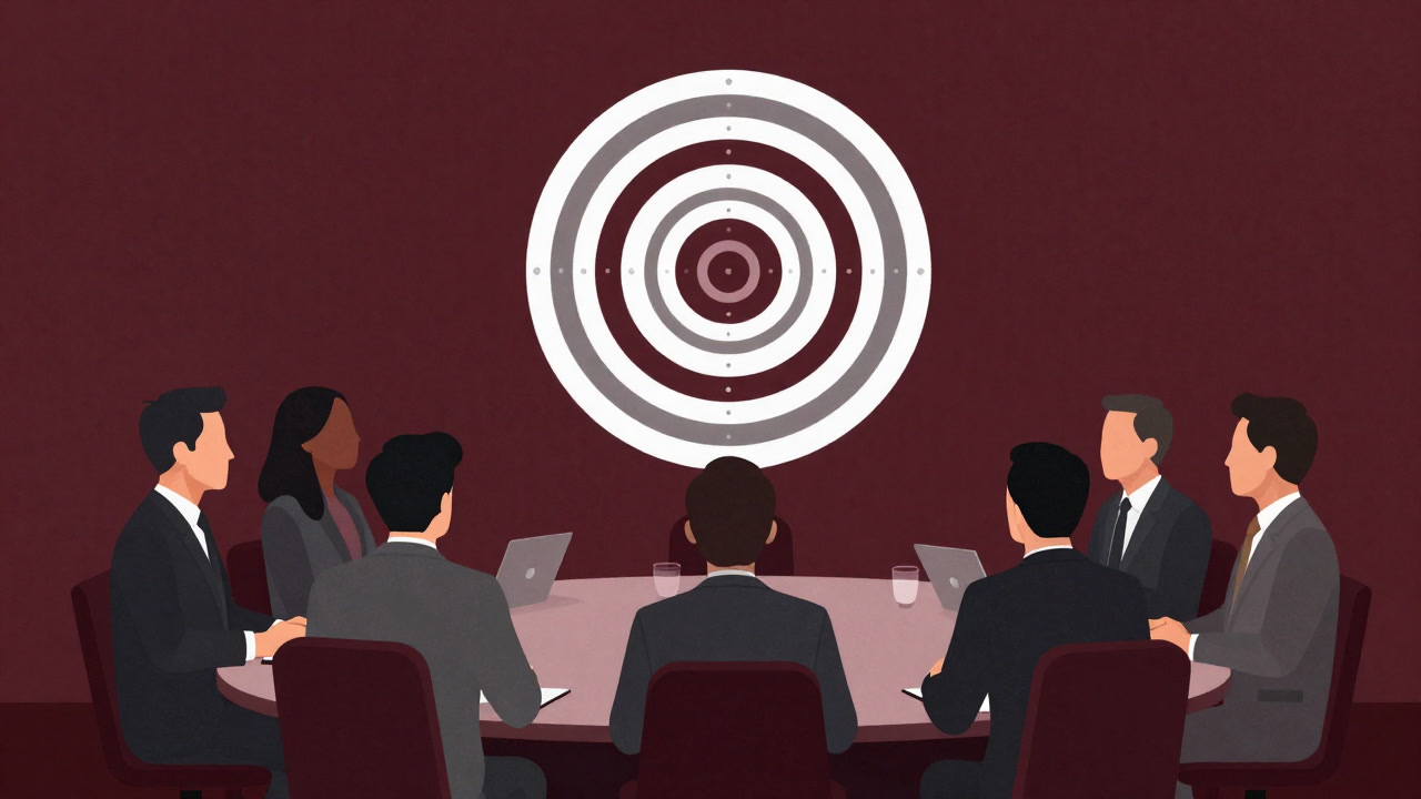 An illustration of a boardroom where people stare at a target with vacant expressions, each facing a different direction.