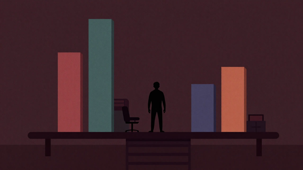 Silhouette of a small worker lost amidst towering progress bars