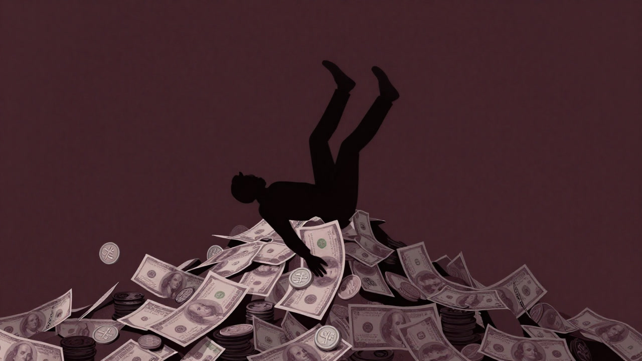 Illustration of a silhouette drowning under a mountain of banknotes
