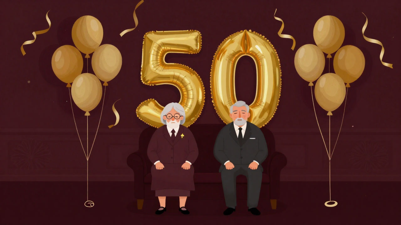 Image of a senior couple standing side by side in a venue surrounded by golden balloons and decorations, both wearing vacant expressions