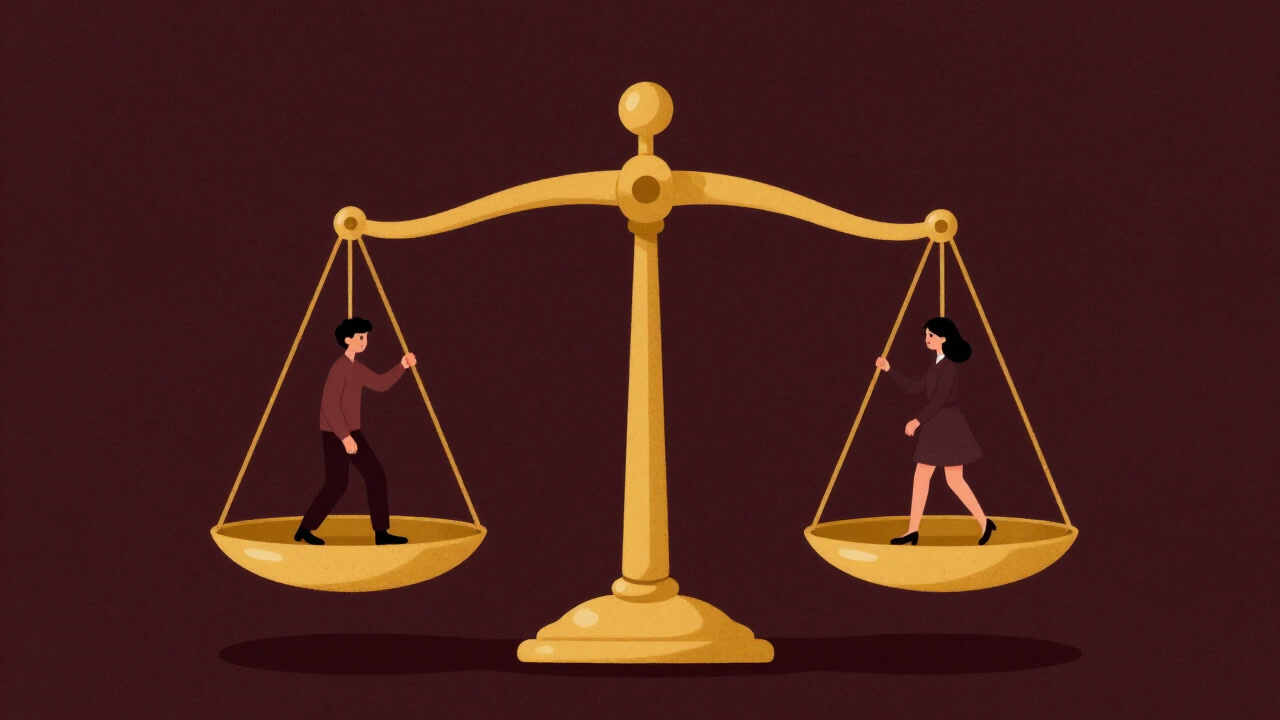 Illustration of a scale balancing a person and oneself equally, but mysteriously adjusting the weight to suit one's convenience.