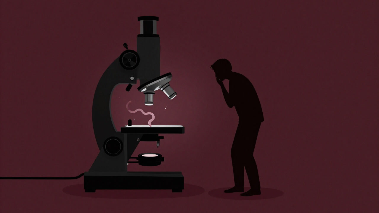 An illustration of a silhouette of a person standing anxiously against the background of symbolically wriggling gonorrhea bacteria viewed through a microscope.